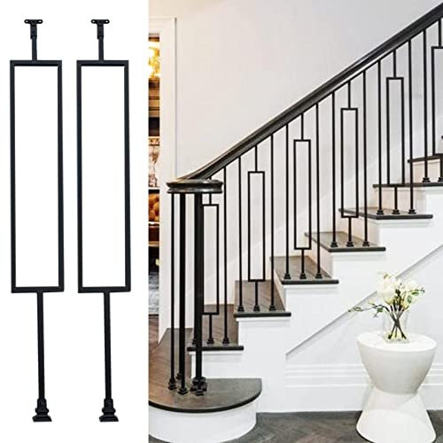 DLAZUM Eisenbaluster für Innentreppen, 2er-Pack, Dachbodenplattform-Geländer, Treppenspindeln mit Installationssatz, quadratischer Treppengeländerpfosten aus Schmiedeeisen, Schwarz (rechteckiger Pf