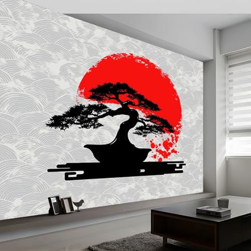 Papier Peint Panoramique, Gris 3D Peinte Style Art Japonais Arbre Bonsai Intissé Murale, 200 x 140 cm (L x H) Photo Murale pour Salon Chambre d'enfants Restaurant Décoration Murale