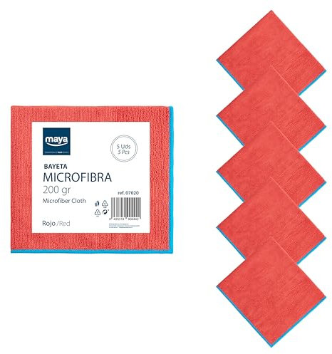 Maya Bayeta Terry 200G. Limpieza Eficaz y Sin Marcas. 100% Microfibra. para Todo Tipo de Superficies. Pack de 5 Unidades (Rojo)