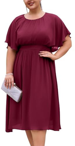 Hanna Nikole Women's Plus Size Chiffon Dress Knee-Length Casual Dresses Ruffle Sleeves A-Line Dress Wine Red 20