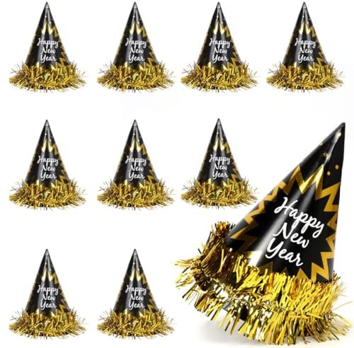 Sprinlot Silvester Partyhüte, 9 Pcs Silvester Hütchen Schwarzes Gold, Frohes Neues Jahr Kegel Hüte, Neujahr Party Hütchen, Silvester Deko