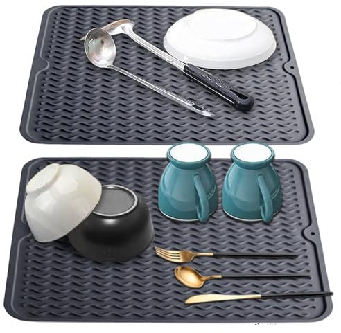 UDILEO 2 pezzi tappetino scolapiatti, tappetino lavandino cucina silicone, Tappetino in silicone Antiscivolo per Lavello Tovaglietta (nero, 2PZ)