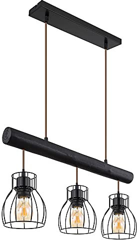 Globo Vintage Pendelleuchte Holzstab Retro Hängelampe Holzleuchte Mit Gitterschirmen schwarz, Metall käfig, 3x E27 Fassungen, HxLxB 140x60x13,6cm