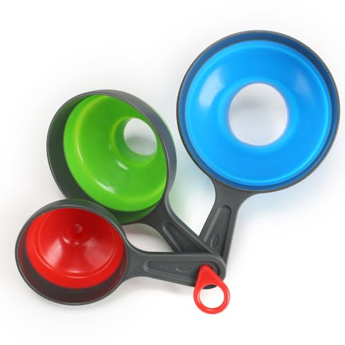 Luabue Kitchen Funnels Set of 3 Food-Grade Silicone Funnels Foldable Canned Funnel with Handle, Flexiable Large Wide Mouth Funnel for Mason Jars, Jams, Beans, Sauces, Spices and Liquid Transfer