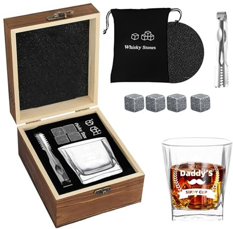 Whiskey Glass Gift Set, Whiskey Stones and Glass Gift Set for Men from Daughter or Son, Vintage Whiskey Glass in Luxury Wooden Box with Ice Stones, Coasters and Clips, Dad Birthday