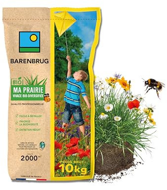BARENBRUG - Prairie Vivace Biodiversifiée BIO - Facile à Installer - Favorise la Biodiversité - Entretien Réduit - Refuge Naturel Animaux pour Protection contre Ravageurs - Fabriqué en France - 10KG