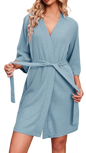 Ekouaer Bademantel für Damen Waffelstrick Morgenmantel Lässig Robe Hochzeit weich leicht knielang Loungewear S-XXL