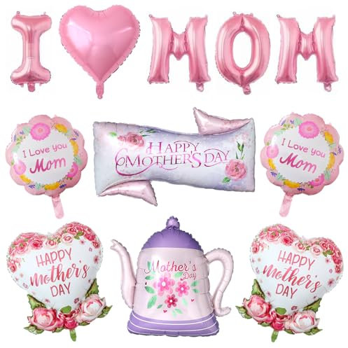 13Pcs Happy Mother's Day Foil Balloons, Pink 16 I Love Mom with Teapot Heart Shaped Flower Mylar Balloon for Mother's Day Best Mom Fairy Floral Theme Party Decorations