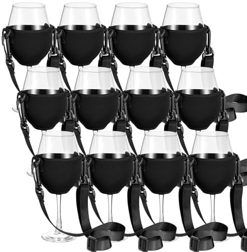 Hestya 12 Pezzi Porta Bicchiere di Vino per Collo con Cordino Porta Bicchiere di Vino con Tracolla per Natale, Compleanno, Matrimonio, Festa(Nero,M)