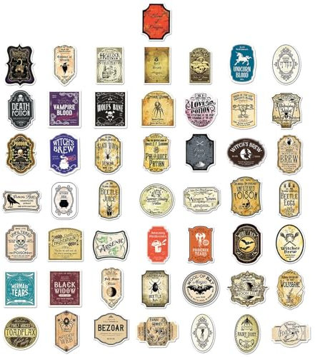 Potion Bottle Label Stickers, Halloween Witch Labels, Waterproof Aesthetic Design, Vintage Look, Party Decor for Bottles Laptops Scrapbooks, 1.18–2.36 Inches, Multicolor, 50pcs