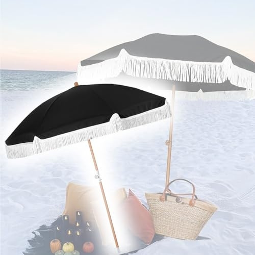 LYMGRZ 7ft Boho Strandschirm Fransen Gartenschirm Gothic Schwarz Urlaubsschirm Wasserdicht UV-Schutz Outdoor Sonnenschirm (1,4m/4,5ft)