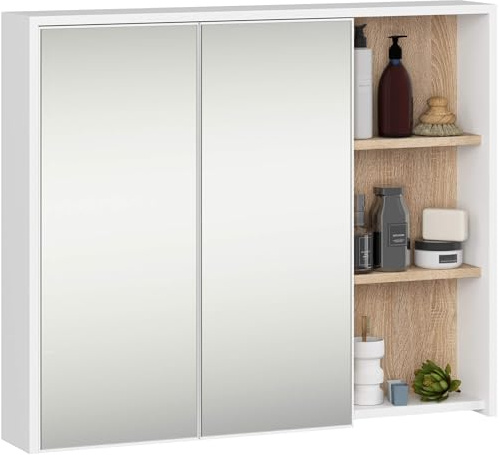 AKORD Armoire de Salle de Bain Miroir VAMI 90 cm - Rangement Mural 2 Portes 6 Étagères - Meuble avec Compartiments Ouverts - Miroir Rangement SDB - 90x75x15 cm - Blanc & Chêne Sonoma