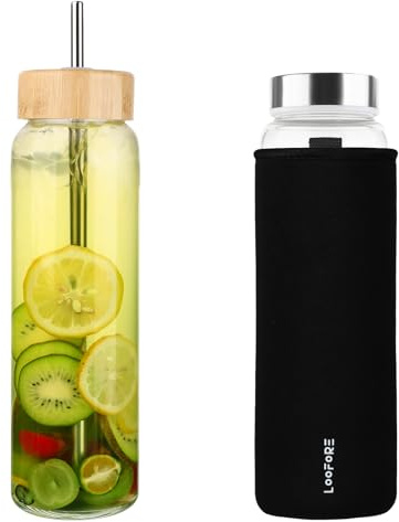 LOOFORE 1000ml / 32oz Glass Water Bottle with Straw - Water Bottle 1L with 2 Lids (Bamboo & Stainless Steel Lid), Stainless Steel Straw & Neoprene Sleeve for Fitness, Sports & Workout, Daily, 1 Pack