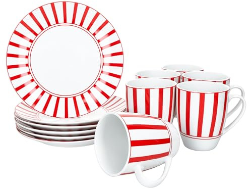 MamboCat Split rot 12tlg Frühstücksset I je 6x gestreifte Kuchenteller & Kaffeebecher 300 ml aus Porzellan I 6 Personen I rotes Streifen-Dekor I für Frühstück & Kaffee
