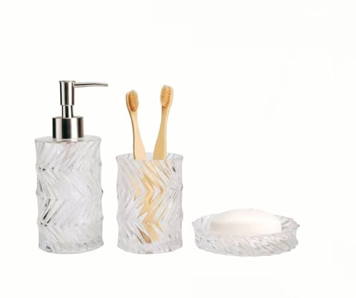BM Set Accessori Bagno in Vetro 3 Pezzi – Dispenser Sapone, Porta Spazzolino e Portasapone – Design Elegante e Moderno per Bagno e Toilette (Bianco)