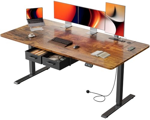 Precision Synergie 160x80cm Electric Standing Desk, 2 Drawers, Power Outlet | Height Adjustable Sit Stand Desk, 72-117 cm, 2 Memory Smart Pannel, Equipped with 3 USB Ports, Ideal for Home Office, Brown