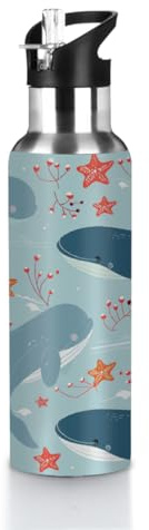 VQUVQV 600ml Water Bottle Stainless Steel Sports Drinks Bottle with Straw Lid, Cute Whale Ocean Pattern Insulated Bottles Vacuum Flask for Running Cycling Hiking