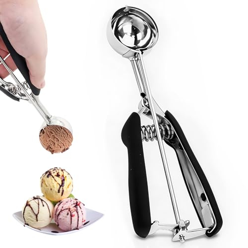 TIANLIN Cuchara de Helado en Acero Inoxidable 304 con Gatillo (23x4 cm) – Bola para Helado Negra, Apto para Lavavajillas, Versátil para Melón, Puré de Patatas, Masa y Pasteles