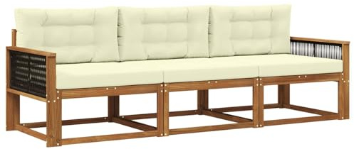 vidaXL Outdoor-Sofagarnitur mit Kissen 3 pcs Natur und Creme, Akazienholz Sofa Set für draußen, modernes Loungemöbel, Flexibler Gartenplatz, wetterfeste Einrichtung