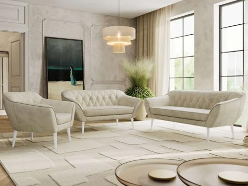 MKS MEBLE Sofagarnitur PIRS 3 + 2 + 1 - Couchgarnitur im skandinavischen Design, Gesteppte Polsterung, Wellenfederung, Wohnzimmer Sofa Set - Weiße Beine, Beige Velvet