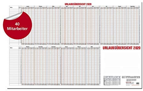 GÜSS Urlaubsplaner für 40 Mitarbeiter 2020, 12-30: DIN A1 - 190 g/m² Postkartenkarton - 2-farbiger Druck - Schulferienübersicht - Zeilenhöhe: 6mm - Größe: 98,5 cm x 60cm