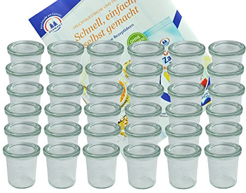 MamboCat 36er Set Weck Gläser 140 ml Sturzgläser mit 36 Glasdeckeln mit Diamant-Zucker Gelierzauber Rezeptheft I Original Weck Sturzglas Dessertglas I Einweckgläser mit Deckel für Kuchen Gelees