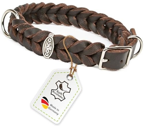 CopcoPet Hundehalsband aus Fettleder 35–39 cm x 15mm Braun – Geflochtenes Lederhalsband – verchromt mit Dornschließe – Robust & verstellbar – Für mittelgroße Hunde, ideal für Alltag & Training