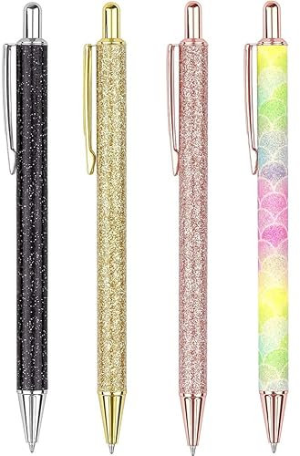 4pcs Glitter Metal Retractable Ballpoint Pen Bling Rose Gold Click Ballpoint Pens Medium Point 1mm With 4 Extra Refills School Writing Birthday Gift Pen