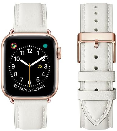 SUNFWR Lederbänder für Apple Watch Armband 42mm 44mm 45mm 49mm,Männer Frauen Ersatz-Echtlederband für Apple Watch Ultra iwatch Serie 9 Serie 8 7 6 5 4 3 2 1,Sport,Edition(Elfenbein weiß&Roségold)