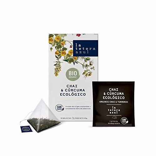 LA TETERA AZUL Té Negro Ecológico Con Canela Y Cúrcuma. Infusión Orgánica En Pirámides. Cachemira Chai & Cúrcuma. 20 Pirámides.