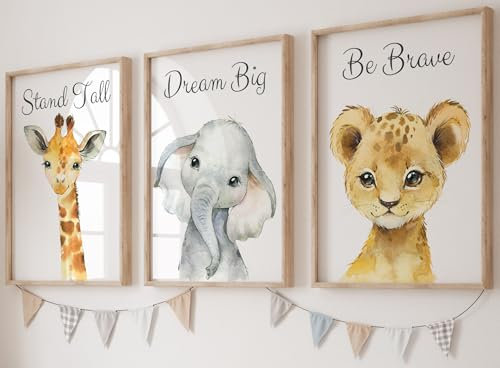 Eviepops Prints Set aus 3 Safaritieren für Kinderzimmer von Jungen und Mädchen, Ungerahmter Druck, Schlafzimmerdekor, Dekor im Babyzimmer, Spielzimmer-Poster, elefant giraffe löwe, Stand Tall (A3)