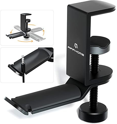 APPHOME Headphone Hanger, Under Desk Headset Stand Holder, 360 Degree Rotating PC Gaming Headset Mount, Aluminum Gaming Headphone Clamp Hook, Universal Fit