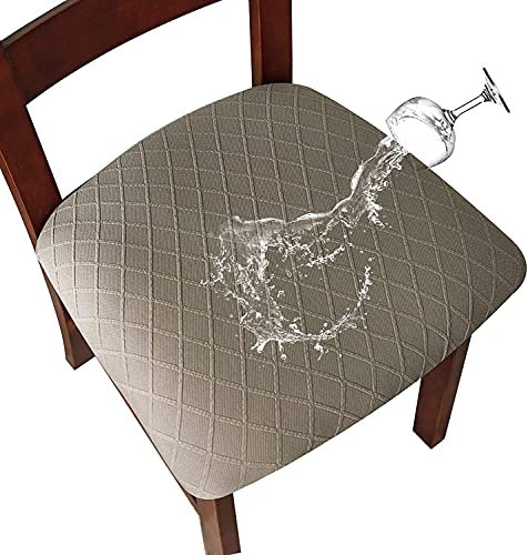 SHENGYIJING Stretch-Stuhlhussen mit Diamantgitter, wasserdicht, für Esszimmerstühle, Esszimmerstuhlbezüge, Küchenstuhlhussen mit Schnalle, Taupe, 6 Stück