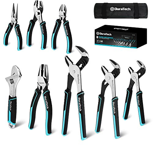 DURATECH 8-Piece Pliers Set with Rolling Pouch, Premium Cr-V/Cr-Ni Construction, (12, 10, 8 Groove Joint Pliers, 8 Adjustable Wrench, 8 Linesman, 6 Long Needle Nose, 6 Slip Joint, 6 Diagonal)
