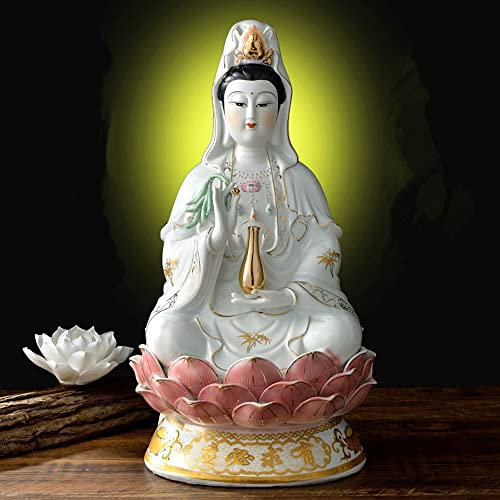 Getrelax Guan Yin Statue Avalokitesvara Buddhismus Statue auf Lotus-Best Chinesische Feng Shui Geschenke (35,6 cm) - Weiß, Gelb