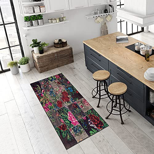 Pasha Home Küchenteppich 80x200 cm Flowers Patchwork bunt/Küchenläufer waschbar bei 30°C/Küchenläufer rutschfest und pflegeleicht/Teppich für Küche, Flur, Schlaf- oder Wohnzimmer