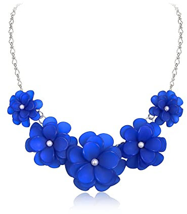 EVER FAITH Blume Kragen Halskette Floral Flower Statement Sommer Strand Chokers Halsketten für Damen Mädchen blau