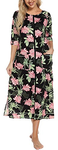 Rubehoow Duster Robe for Women Zip Up House Dress Maxi Nightgown Loose Comfy Bathrobe with Pockets(Green Leaf,L)