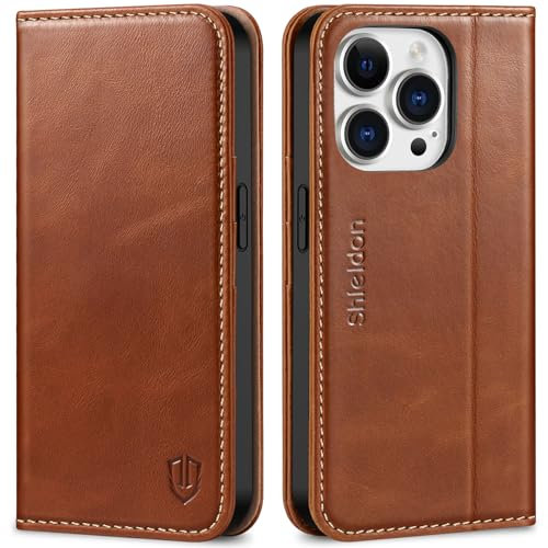 SHIELDON Cover per iPhone 14 Pro, Custodia Vera Pelle Slot Schede Blocco RFID Portafoglio Resistente Flip Caso Magnetico Cavalletto Protezione Compatibile con iPhone 14 Pro(6,1 2022), Marrone Retrò