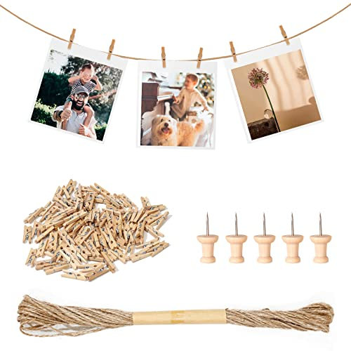 Furuising 150PCS Mini Wooden Pegs Natural Small Photo Pegs,Small Pegs for Hanging Photos,Wooden Pegs Craft with 10M Jute String for Photo Wall Display,Craft,Weddings & Party