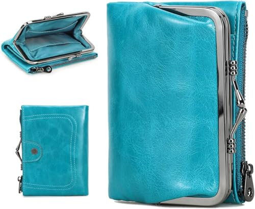 CONTACTS Portefeuille RFID pour Femme avec Fermeture à Baiser, Cuir Porte-Monnaie Compact à Deux Volets avec Poche zippée, Porte-Cartes de crédit, Petite Pochette avec fenêtre Bleu