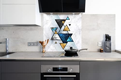 Myphotostation Geometric Marble Tempered Glass Backsplash 60WX40H'' Blue Splashback for Kitchen Decor Bathroom Wall Protector Stove Backsplash Panel Tile Glass Splashback