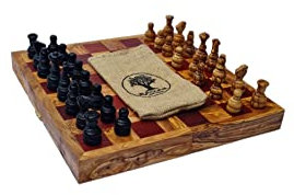 Schachspiel rot XL mit Spielfiguren aus Olivenholz, klappbar