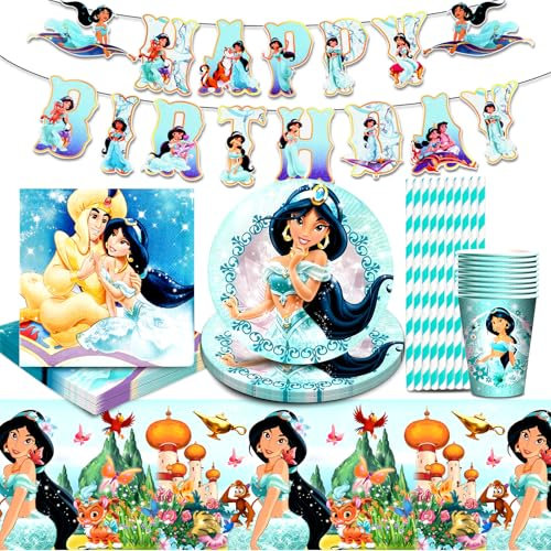 51 Pcs Decorazioni Jasmine Compleanno, jasmine Stoviglie, jasmine Carta Piatti e Bicchieri Per Feste, jasmine Tovaglioli, Decorazioni Striscione, jasmine Kit Compleanno Stoviglie Princess Bambina