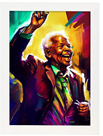 Nacnic Nelson Mandela in voller Farbe Fotostil. Cartoon-Illustrationen berühmter Persönlichkeiten der Geschichte. Innenarchitektur und Dekoration. A3 mit weißen Rahmen.