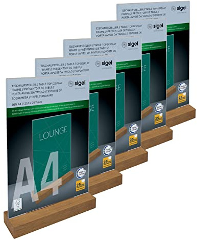 Sigel Tischaufsteller A4 hoch Acryl mit Eichenholz-Sockel 5er Pack | TA256/5, Glasklares Acryl, garantiert UV-beständig und FSC-zertifiziertes Holz