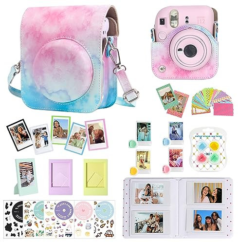 CAIYOULE Accessories for Fuji Instax Mini 12 Camera, Accessory Bundle Include PU Leather 12 Case, Mini Picture Album, Frames, DIY Stickers, Color Filter (No Camera) - Blue Pink Watercolor