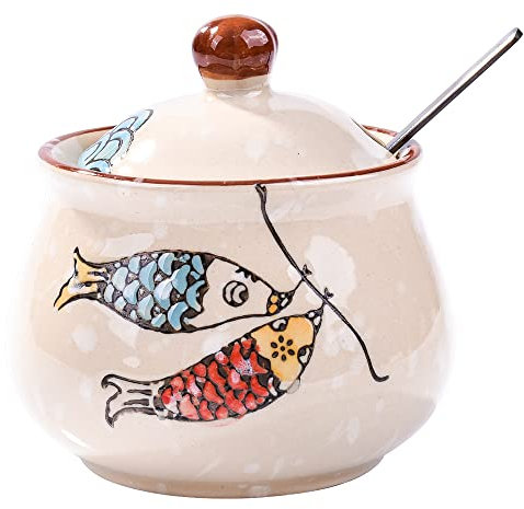 Ceramic Sugar Bowl with Lid and Spoon, Japanese Sugar Bowl with Spoon and Lid (Style 3)