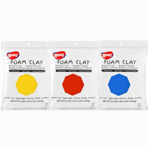 BOHS Foam Clay, 3 Grundfarben, lufttrocknende Modelliermasse, 1,5 kg | Mischbar für individuelle Farbtöne; weich und formbar; EVA-Schaum und Styropor; Requisiten, Figuren und Slime