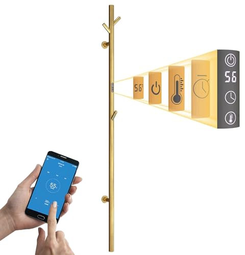 ESOP Scaldasalviette Elettrico 40 W Oro Radiatore Scaldasalviette con 3 Ganci, Controllo Intelligente Wi-Fi Termoarredo Elettrico da Bagno 1525×65mm Asciugabiancheria da Parete Stendino Elettrico